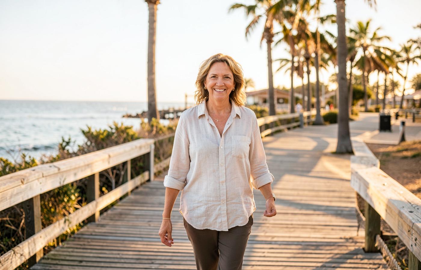 Woman walking on a sunny coastal boardwalk as part of a healthy daily routine